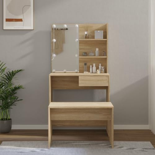 LLEZKBR Schränke & Aufbewahrungs-Waschtische, Schminktisch-Set mit LED, Sonoma-Eiche, Holzwerkstoff von LLEZKBR