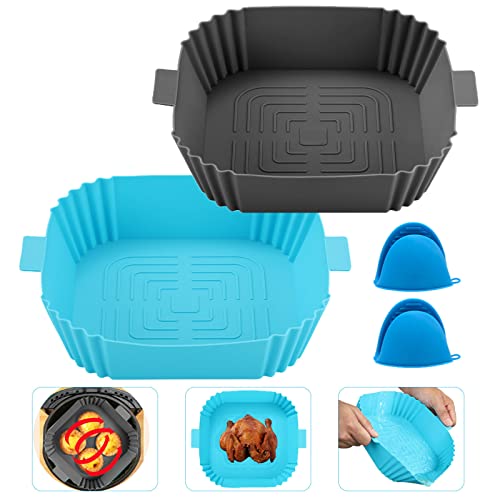 LLGL Stück Air Fryer Silicone Pot (21cm), Heißluftfritteuse Zubehör Ersatz für Papiereinlagen, Universal Luftfritteuse Korb, Korb aus Silikon, Quadratisch, für Lebensmittel (Grau+Blau) von LLGL