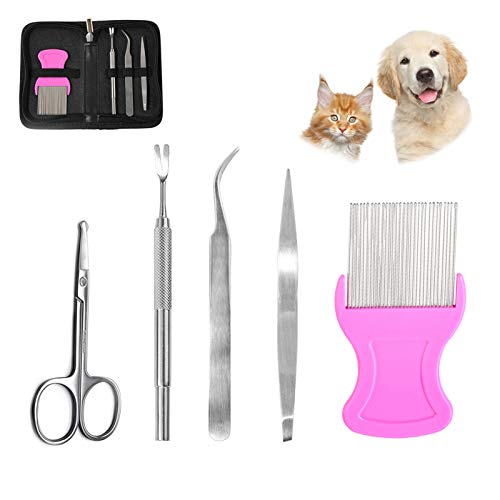 LLGL 5 in 1 Zeckenentferner Set Zeckenzange Zeckenpinzette Flohkamm Fellschere aus rostfreiem Edelstahl für Hund Katze Haustiere mit Etui (Rosa) von LLGL