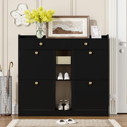 LLGWGL Schuhschrank-Schmal Schuhregal-Platzsparend Schuhkipper Hoch - 110cm Breie mit 2 Schubladen 4 Klapptüren 3 Offenen Fächern für Diele Flur Garderobe (Schwarz) von LLGWGL