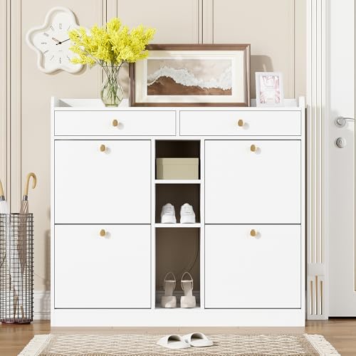 LLGWGL Schuhschrank-Schmal Schuhregal-Platzsparend Schuhkipper Hoch - 110cm Breie mit 2 Schubladen 4 Klapptüren 3 Offenen Fächern für Diele Flur Garderobe (Weiße) von LLGWGL