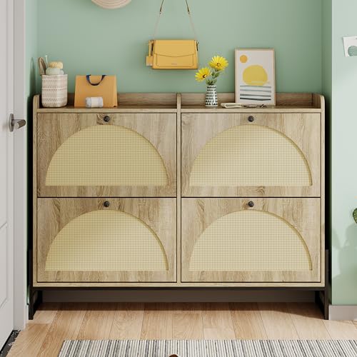 LLGWGL Schuhschrank-Schmal Schuhregal-Platzsparend Schuhkipper Hoch - 118cm Breit mit 4 Klappen Verstellbares Schuhregal Rattan Schrank Belüftet Schwarze Griffe für Diele Flur Garderobe von LLGWGL