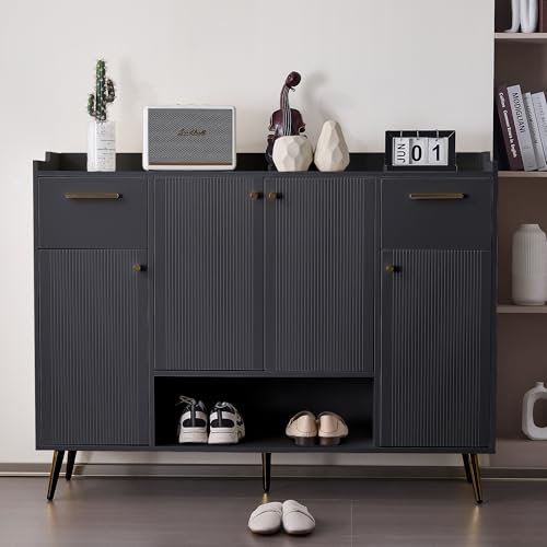 LLGWGL Schuhschrank-Schmal Schuhregal-Platzsparend Schuhkipper Hoch - 130cm Breit Metall Moderne mit Offener Raum 4 Türen Zwei Schubladen für Flur Wohnzimmer Eingangsbereich (Schwarz) von LLGWGL