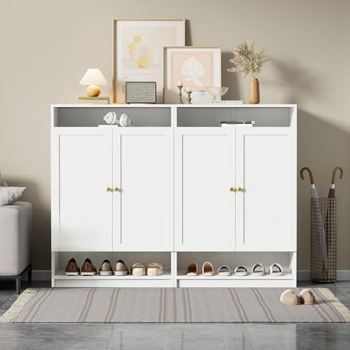 LLGWGL Schuhschrank-Schmal Schuhregal-Platzsparend Schuhkipper Hoch - 146cm Breit Metall Moderne mit Offener Raum Verstellbaren Regalen 4 Türen für Flur Wohnzimmer Eingangsbereich von LLGWGL