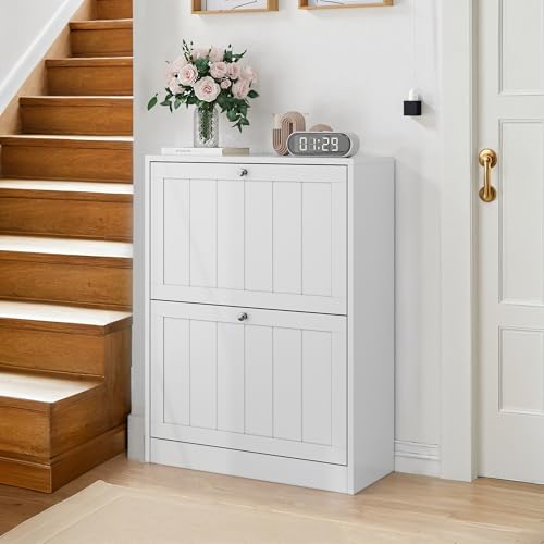 LLGWGL Schuhschrank-Schmal Schuhregal-Platzsparend Schuhkipper Hoch - 60 x24 x 80cm Breit mit 2 Klapptüren Freistehend Mid-Century Modern Design für Diele Flur Garderobe von LLGWGL