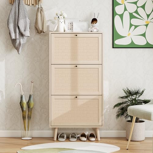 LLGWGL Schuhschrank-Schmal Schuhregal-Platzsparend Schuhkipper Hoch - 60cm Breit Moderne mit Dreistufiger Schuhschrank Gestreiftem Überkreuztem Design für Wohnzimmer Flur Eingangsbereich (Natural) von LLGWGL