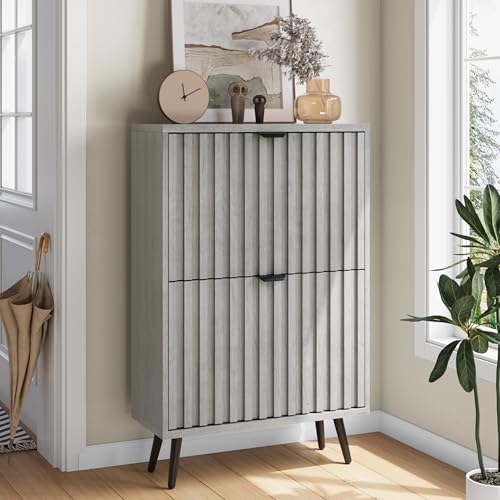 LLGWGL Schuhschrank-Schmal Schuhregal-Platzsparend Schuhkipper Hoch - 60cm Grau & Weiß Moderner mit Klapptüren oder Rattanfront für Diele Flur Garderobe (Nutdesign für Schranktüren, Grau) von LLGWGL