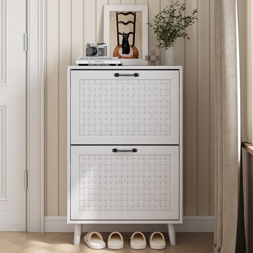 LLGWGL Schuhschrank-Schmal Schuhregal-Platzsparend Schuhkipper Hoch - 60cm Grau & Weiß Moderner mit Klapptüren oder Rattanfront für Diele Flur Garderobe (Rattanmuster für Schranktüren, Weiß) von LLGWGL
