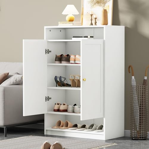 LLGWGL Schuhschrank-Schmal Schuhregal-Platzsparend Schuhkipper Hoch - 73cm Breit Metall Moderne mit Offener Raum Verstellbaren Regalen 2 Türen für Flur Wohnzimmer Eingangsbereich von LLGWGL