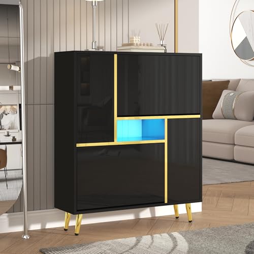 LLGWGL Schuhschrank-Schmal Schuhregal-Platzsparend Schuhkipper Hoch - 80cm Breit mit Zwei Schuhschränke Verstellbare Schuhregale Hochglanz 16-farbigem LED-Licht für Diele Flur Garderobe (Schwarz) von LLGWGL