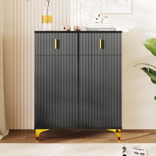LLGWGL Schuhschrank-Schmal Schuhregal-Platzsparend Schuhkipper Hoch - 83cm Breit mit 2 Schubladen 2 Türen Verstellbare Einlegeböden Strukturfronten für Diele Flur Garderobe (Schwarz) von LLGWGL