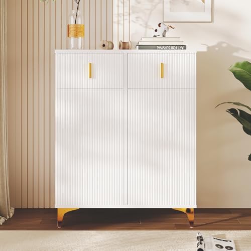 LLGWGL Schuhschrank-Schmal Schuhregal-Platzsparend Schuhkipper Hoch - 83cm Breit mit 2 Schubladen 2 Türen Verstellbare Einlegeböden Strukturfronten für Diele Flur Garderobe (Weiß) von LLGWGL