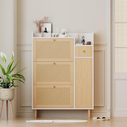 LLGWGL Schuhschrank-Schmal Schuhregal-Platzsparend Schuhkipper Hoch-Holz - Rattan Geschlossen 90cm Breit mit 3 Kipp-Türen Schublade für Flur Wohnzimmer (Naturfarbe+Weiß) von LLGWGL