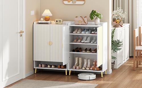 LLGWGL Schuhschrank-Schmal Schuhregal-Platzsparend Schuhkipper Hoch - Moderner MDF 3-Stufiger mit Doppeltüren Offener Schublade Viel Stauraum für Diele Flur Garderobe (150'Lx35'B x110'H cm) von LLGWGL
