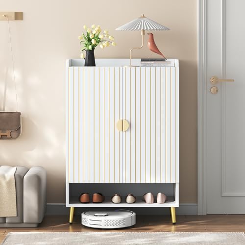 LLGWGL Schuhschrank-Schmal Schuhregal-Platzsparend Schuhkipper Hoch - Moderner MDF 3-Stufiger mit Doppeltüren Offener Schublade Viel Stauraum für Diele Flur Garderobe (75'Lx35'B x110'H cm) von LLGWGL