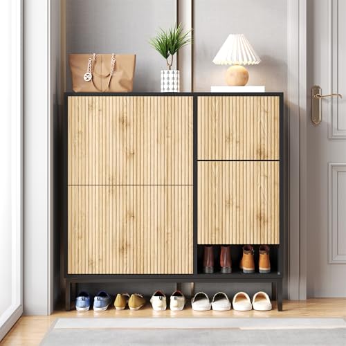 LLGWGL Schuhschrank-Schmal Schuhregal-Platzsparend Schuhkipper Hoch - Stauraum für 12-16 Paar Schuhe mit Bank 4 Klappen Schuhregal Offener Ablage (Schwarz + Holzfarbe, 100 L x100 H x 25B (cm)) von LLGWGL