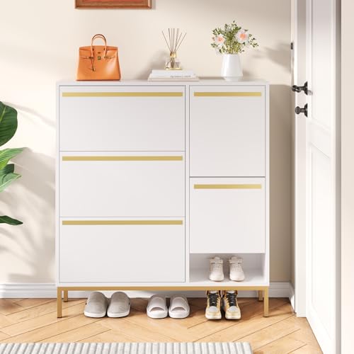 LLGWGL Schuhschrank-Schmal Schuhregal-Platzsparend Schuhkipper Hoch - Stauraum für 12-16 Paar Schuhe mit Bank 4 Klappen Schuhregal Offener Ablage (Weiß und Gold, 105 L x115,5 H x 25B (cm)) von LLGWGL