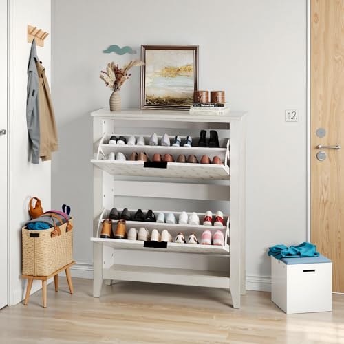 LLGWGL Schuhschrank-Schmal Schuhregal-Platzsparend Schuhkipper Hoch - Vintage 80cm Freistehend im Landhausstil mit 2 Klapptüren Stauraum für 20 Paar Schuhe für Diele Flur Garderobe, Weiß LLGWGL Schuhschrank-Schmal Schuhregal-Platzsparend Schuhkipper Hoch - Vintage 80cm Freistehend im Landhausstil mit 2 Klapptüren Stauraum für 20 Paar Schuhe für Diele Flur Garderobe, Weiß von LLGWGL