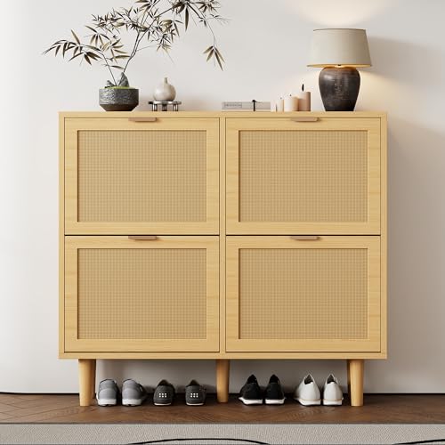 LLGWGL Schuhschrank-Schmal Schuhregal-Platzsparend Schuhkipper Holz - Rattan Geschlossen 100cm Breit Metallgriffen mit 4 Kipp-Türen für Flur Wohnzimmer Schlafzimmer (Rechteckig) von LLGWGL