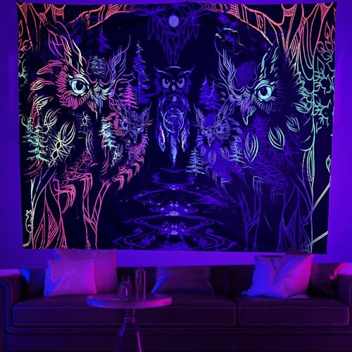 LLGWGL Schwarzlicht UV-Wandteppich Aesthetic Psychedelic - Wandbehang Wanddekoration Eulen Wandtücher - Wandteppich kinderzimmer - Trippy Wandteppiche für Schlafzimmer(Five Owls, 150×130cm) von LLGWGL