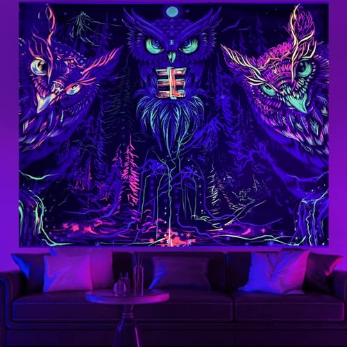 LLGWGL Schwarzlicht UV-Wandteppich Aesthetic Psychedelic - Wandbehang Wanddekoration Eulen Wandtücher - Wandteppich kinderzimmer - Trippy Wandteppiche für Schlafzimmer(Three Owls, 200×150cm) von LLGWGL