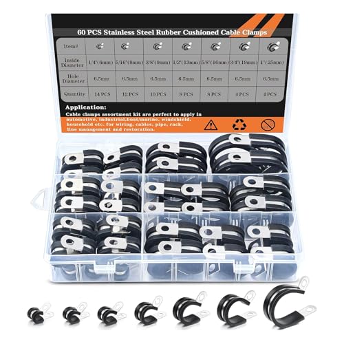 Mehrzweck-Kabelklemmen aus Edelstahl und Gummi, in verschiedenen Größen für Rohr- und Drahtbefestigung, mit Schrauben, Innensechskantschrauben und Muttern, 60 Stück von LLHCF