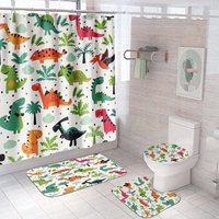 4-teiliges Dinosaurier-Duschvorhang-Set mit Teppichen, wasserdichter Stoff-Badevorhang mit 12 Haken, rutschfeste Badezimmermatten, Badvorleger, von LLING