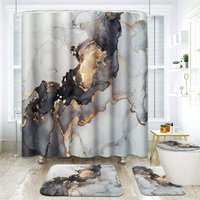 4-teiliges modernes, fließendes, abstraktes, luxuriöses Ombre-Duschvorhang-Set mit Gold- und Schwarzmarmor, mit rutschfesten Teppichen, von LLING