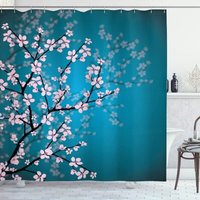 Duschvorhang-Set aus Stoff mit japanischem Sakura-Blumenmuster und Haken, 180 x 200 cm, Blaugrün, Blassrosa von LLING