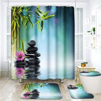 Tower Black Stone Hibiscus Zen Bamboo Water Belle Flora Duschvorhang-Set, 4-teilig, mit rutschfestem Teppich, Toilettensitzbezug und Badematte, 183,9 Tower Black Stone Hibiscus Zen Bamboo Water Belle Flora Duschvorhang-Set, 4-teilig, mit rutschfestem Teppich, Toilettensitzbezug und Badematte, 183,9 von LLING