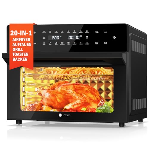LLIVEKIT 30L Heißluftfritteuse XXL, Minibackofen Umluft mit 20 Programme und 9 Zubehör, Mini Backofen mit LED-Touchscreen, Airfryer Oven ohne Öl mit Sichtfenster, Zwei Kochmodi, Rezeptbuch, 80°C-230°C von LLIVEKIT