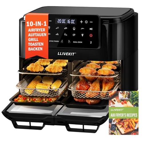 LLIVEKIT Dual Zone Heißluftfritteuse 12 L, Air Fryer mit Trennwand teilbar, geeignet für 5,5-Liter-Doppelzonen-Kochen, Sichtfenster, Innenbeleuchtung, 10 Programme, 9 Zubehör, Schwarz von LLIVEKIT