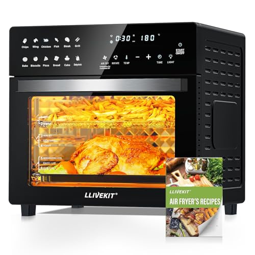 LLIVEKIT Heißluftfritteuse Minibackofen 26L, 1700W Airfryer XXL mit 12 Programmen und Rezeptbuch, Heißluft-Backofen mit digitalen LED-Display, Fritteuse mit Vorheizen, Warmhalten & Aufwärmen von LLIVEKIT