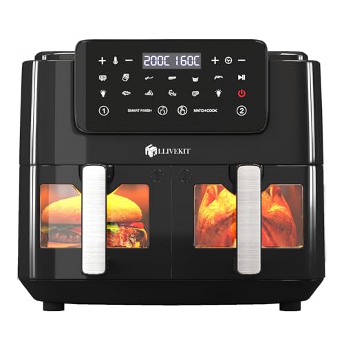 LLIVEKIT Heißluftfritteuse mit 2 Schubladen, Heissluftfriteuse ohne Öl 9 L XXL, Air Fryer mit LED-Touchscreen, Sichtfenster, 9 Programme, Match Cook & Smart Finish Funktion, 2400 W, Schwarz von LLIVEKIT