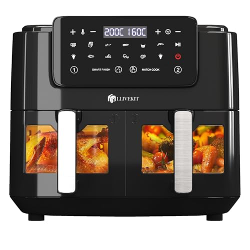 LLIVEKIT 9L Heißluftfritteuse 2 Kammern mit Sichtfenster, Backofen XXL ohne Öl, Airfryer 9-in-1, Heißluft-Backofen mit Touchscreen, Timer-Funktion von LLIVEKIT