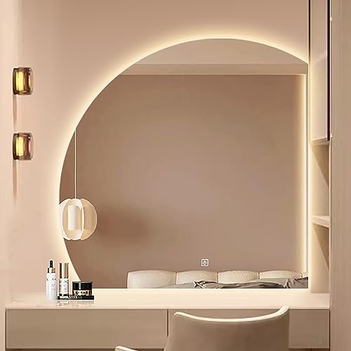 LLKUYTB Wandmontierter Badezimmerspiegel mit Touch-Schalter, Halbrunder dekorativer Spiegel mit LED-Beleuchtung, speziell geformter Halbrunder beleuchteter Kosmetikspiege 70 * 70cm von LLKUYTB