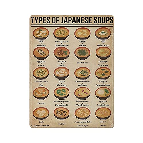 Metall-Blechschild, Types of Japanese Soups Wissen, Blechschild, Metall-Aluminiumschild, Vintage-Wanddekoration, Retro-Poster für Bars, Restaurants, Cafés, Pubs, Heimdekoration, 40,6 x 30,5 cm von LLLDHGCBSS