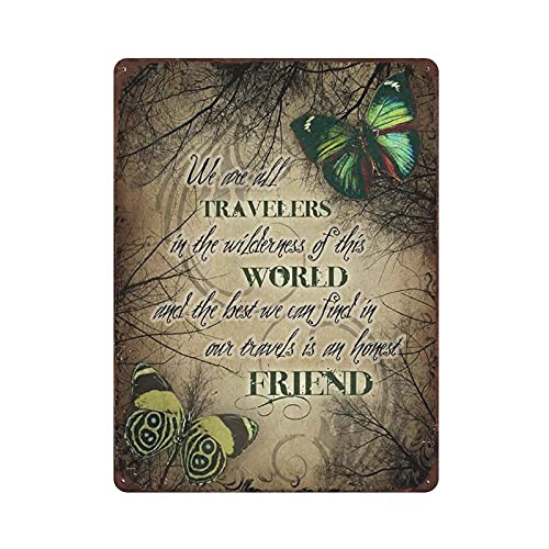 Metall-Blechschild, inspirierende Freundschaft "We Are All Travelers in The Wilderness of This World", Schmetterlinge, Blechschild, Metall-Aluminiumschild, Vintage-Wanddekoration, Retro-Poster für von LLLDHGCBSS