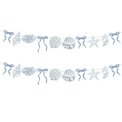 LLMSIX 2 Stück blaue Schleife Seestern und Muschelgirlande, Küstengirlande, Muscheln und Hochzeitsglocken Dekor für Meer Strand Geburtstag Hochzeit Junggesellinnenabschied Meerjungfrau Dusche von LLMSIX