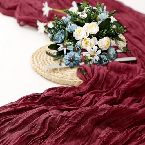 LLMSIX Tischläufer Weinrot，Tischläufer Musselin Seihtuch Tischläufer Boho Tischläufer Tischläufer Hochzeit lang Romantisch Transluzent Musselin Tischläufer für Dating Bankett Party Abendessen von LLMSIX