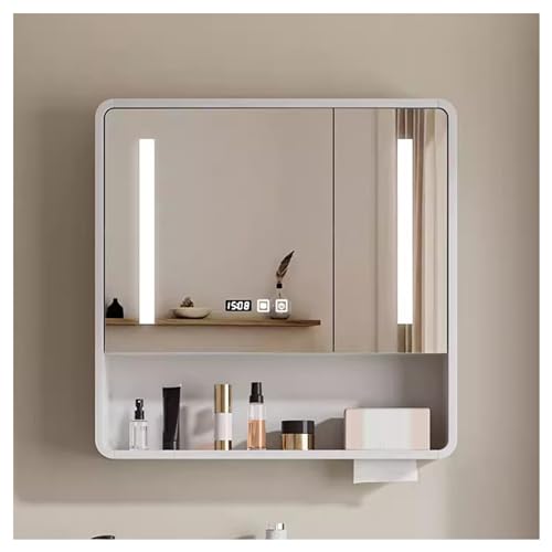 Badezimmer-Spiegelschrank aus Massivholz, einfacher Spiegelschrank mit abgerundeten Ecken, an der Wand montierter Antibeschlag-Spiegelschrank mit Licht, große Kapazität (schwarz 70 cm (27,6 Zoll)) von LLMTYO