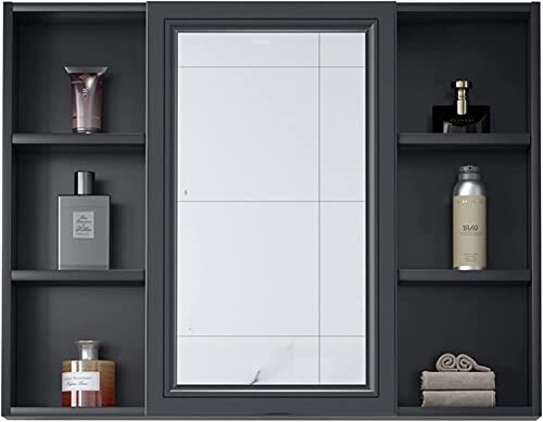 LLMTYO Medizinschrank, Badezimmerschrank, Aluminium, wandmontierter Badezimmerspiegel mit Ablage, separater Toilettenspiegel, Kommode, Aufbewahrungsbox, Einzeltür, 8 Fächer (schwarz, 90 x 70 x 12 cm) von LLMTYO