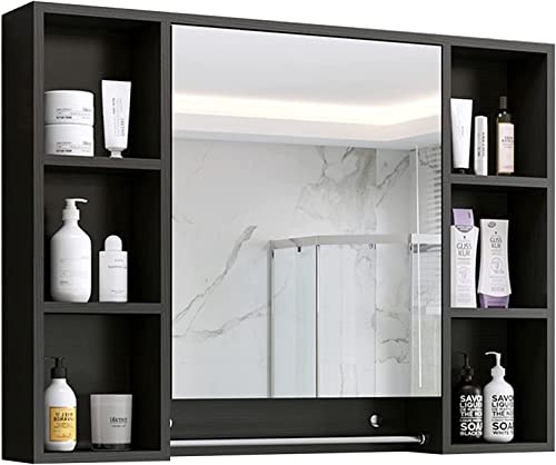 LLMTYO Medizinschrank für das Badezimmer, Massivholz, lackfrei, mehrschichtiger Aufbewahrungsspiegelschrank mit Handtuchhalter, multifunktionaler Wandaufbewahrungsschrank (schwarz, 90 x 75 x 14 cm) von LLMTYO