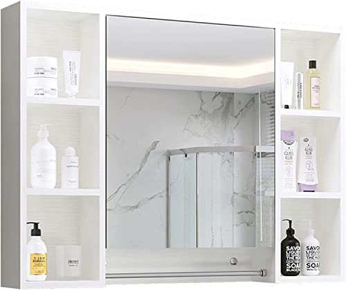 LLMTYO Medizinschrank für das Badezimmer, Massivholz, lackfrei, mehrschichtiger Aufbewahrungsspiegelschrank mit Handtuchhalter, multifunktionaler Wandaufbewahrungsschrank (weiß, 90 x 75 x 14 cm) von LLMTYO