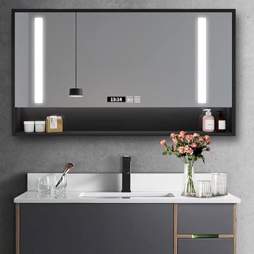 Moderner rechteckiger Badezimmerspiegelschrank, Badezimmer-Kosmetikspiegel mit Touch-Schalter, beschlagfreier Wandspiegel mit LED und Ablage (Farbe: Weiß, Größe: 100 * (Schwarz 100 * 70 * 12 cm) von LLMTYO