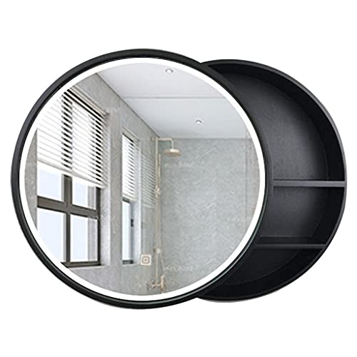Spiegelschrank für Badezimmer, rund, mit Licht, wandmontierter Kosmetikspiegel aus Holz für Schlafzimmer mit Aufbewahrungsschrank, runder Kosmetikspiegel mit Licht (schwarz, 60 cm) (schwarz, 50 cm) von LLMTYO
