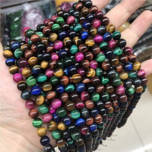 LLMWFA 15" Tigerauge lose Perlen, runde Achate 4 6 8 10 12 14MM Perle zur Herstellung von Kunsthandwerksartikeln, blau rosa grüner Naturstein(Seven Color,12mm x 32) von LLMWFA