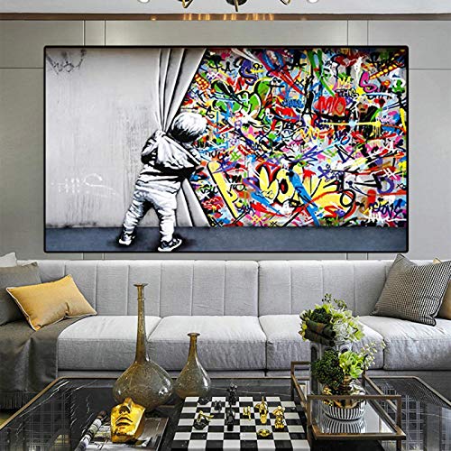 Banksy Bilder Leinwand Abstrakte Graffiti hinter dem Vorhang Banksy Street Art Leinwand Malerei Poster Druck Wandkunst Dekor 80x160cm (31 "x63") Kein Rahmen von LLNN