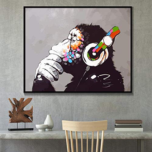 Banksy Printing Street Art Graffiti-Affe mit Kopfhörern Wandkunst Leinwanddruck Bunter Schimpanse Musik hören Dekor 20x30cm Kein Rahmen von LLNN