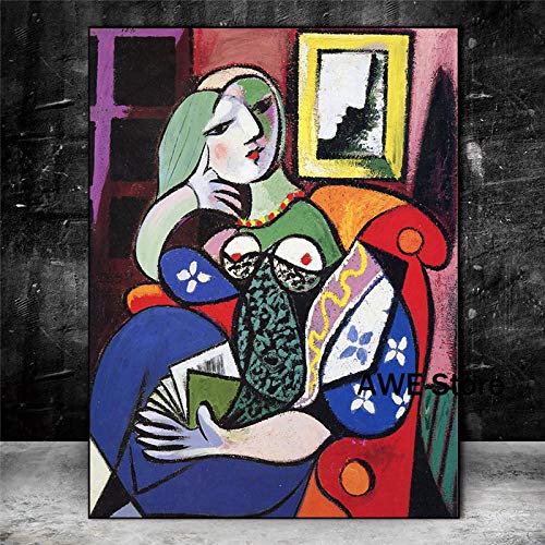Frau mit Buch von Picasso Leinwand Gemälde an der Wand Kunst Poster und Drucke Surrealismus Kunst Leinwand Bilder 80x110cm(32x43in) mit Rahmen von LLNN